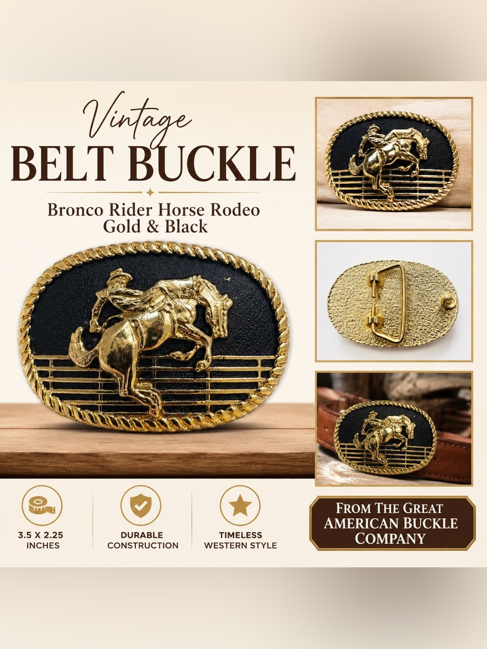 Vintage Bronco Rider Belt Buckle - Gold and Black